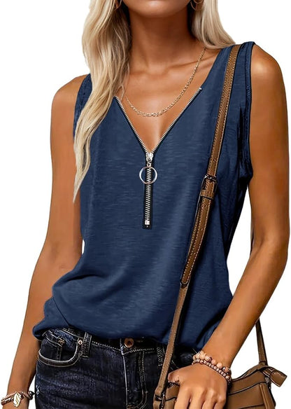 Halife Womens Half Zip V Neck Tank Tops Summer Sleeveless Shirts Casual Loose Top Blouses T Shirts