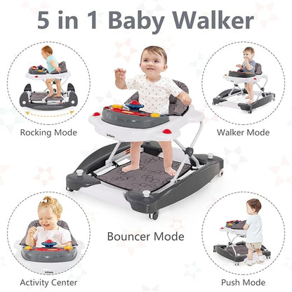 INFANS Baby Walker, 5 in 1 Behind Walker Learning Seated Rocker Bouncer with Removable Music Tray, Adjustable Height, Washable Seat Cushion, Foldable Activity Center for Toddlers (Grey)
