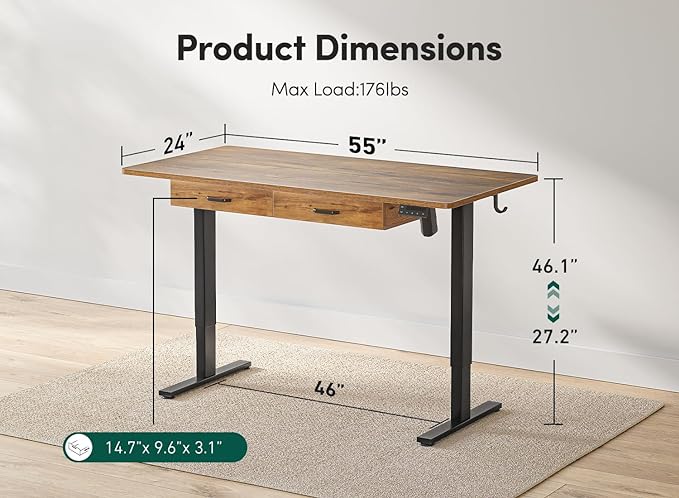 FEZIBO Adjustable Height Electric Standing Desk with Double Drawer, 55x 24 Inches Stand Up Home Office Desk with Splice Tabletop, Black Frame/Fir Brown Top