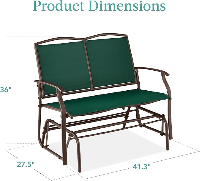 Best Choice Products 2-Person Outdoor Patio Swing Glider Steel Bench Loveseat Rocker for Deck, Porch w/Textilene Fabric, Steel Frame - Forest Green/Brown