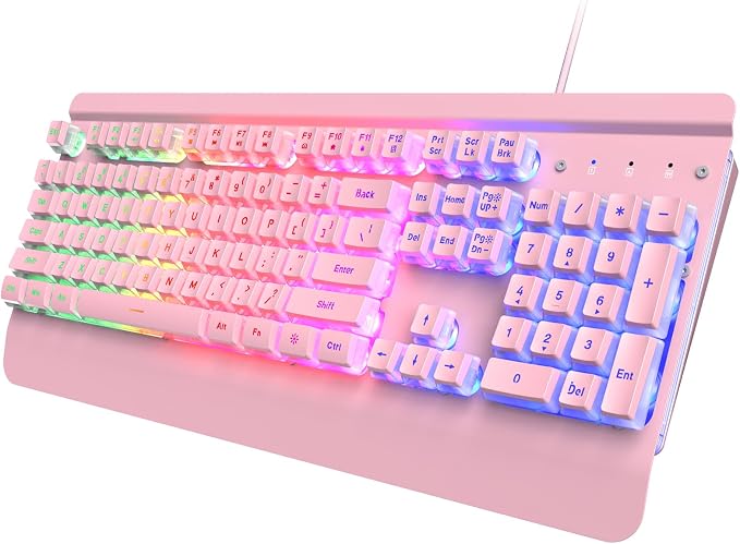 Pink Creamy Keyboard, 104 Keys All-Metal Panel, Rainbow LED Backlit Silent Gaming Keyboard, Wrist Rest, PBT Keycap, Anti-ghosting Keys, Light Up USB Wired Computer Keyboard for PC | Pink Creamy Keyboard Rainbow LED Backlit, Wrist Rest, PBT keycaps, Ant...