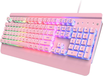 Pink Creamy Keyboard, 104 Keys All-Metal Panel, Rainbow LED Backlit Silent Gaming Keyboard, Wrist Rest, PBT Keycap, Anti-ghosting Keys, Light Up USB Wired Computer Keyboard for PC | Pink Creamy Keyboard Rainbow LED Backlit, Wrist Rest, PBT keycaps, Ant...