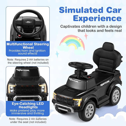 Costzon Ride On Push Car for Toddlers, 3-in-1 Ford Licensed Sliding Car w/Handle, Guardrail, Horn, Engine Sound, LED Lights, Under Seat Storage, Foot-to-Floor Kids Ride On Toys for Boys Girls (Black)