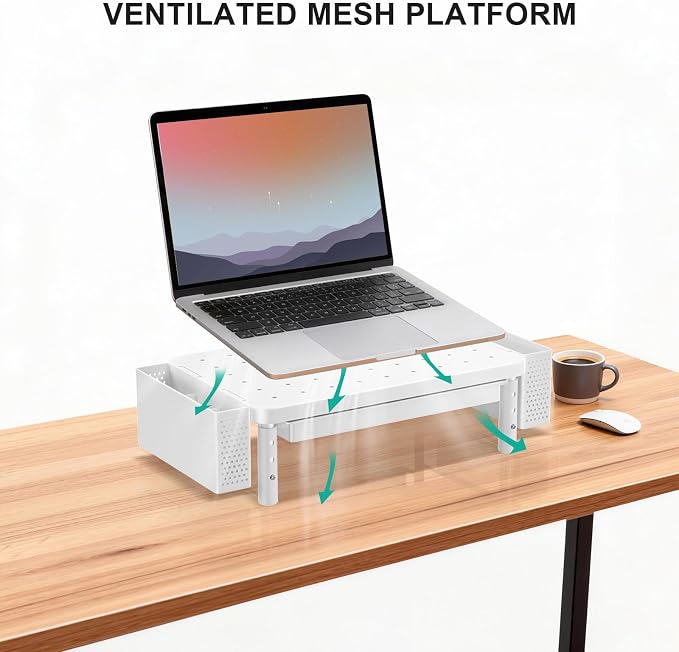 WALI Computer Monitor Stand with Storage, Desk Organizer with Drawer and Pen Holder, Desk Monitor Riser 3 Height Adjustable, Laptop Riser for Computer, Laptop, Printer(PTT003-W), 1 Pack, White