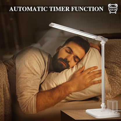 iVict Dual Swing Arm LED Desk Lamps, 5 Light Modes x 10 Brightness Levels Desk Light with USB Charging Port, 45 Minutes Auto Timer Table Lamp, Desk Lamp for Home Office, Bedroom, Reading/Study