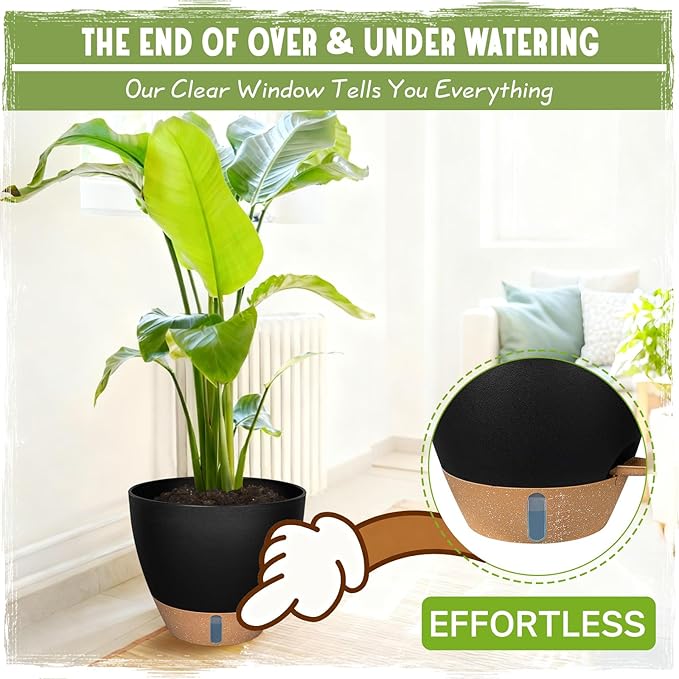 Self-Watering Pots for Indoor Plants 4 Pack, 6/8/10/12 Inch Outdoor Planters with Water Level Indicator&Deep Reservoir, Decorative Flower Pots for Indoor Plants,Home Decor (Black, 12+10+8+6 inch)