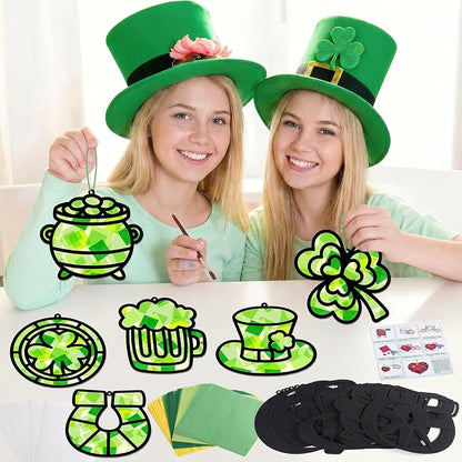 Qyeahkj 36 Set St. Patrick's Day Suncatchers Crafts for DIY Shamrock Window Tissue Paper Craft Kit Hanging Decor for St. Patrick's Day Home Activity Art Project Birthday Party Favor