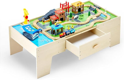 VEVOR Train Table, 62 Multicolor Pieces Wooden Kids Activity Table with Large Storage Drawer, 3-in-1 Wooden Train Set for Playing, Drawing, Reading, Eating, Creative Toy Set for Kids Ages 3+