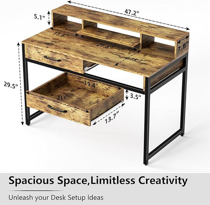 Computer Desk with Drawers, 47" Home Office Desk with Monitor Shelf, Writing Desk with Storage, Gaming Desk Work Desk Study Desk for Bedroom, Rustic Brown