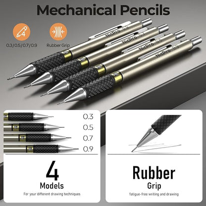 Nicpro 37PCS Gold Art Mechanical Pencil Set, 4PCS Metal Drafting Pencil 0.3/0.5/0.7/0.9 mm & 2PCS 2mm Lead Holder (6B 4B 2B HB 2H 4H) School Supplies for Sketching Drawing with 23 Tube Lead Refills