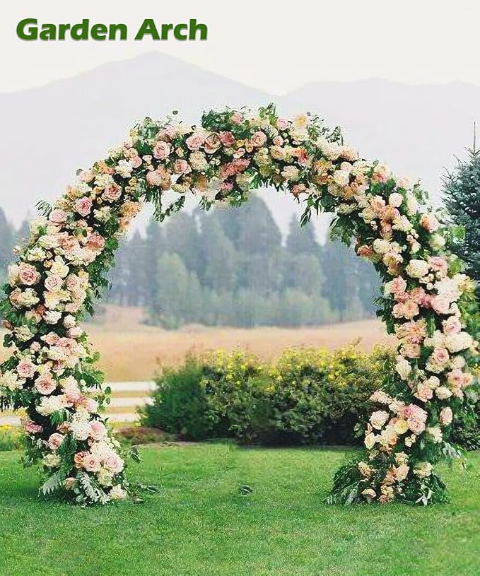 Queension Metal Wedding Arch | for Ceremony Party Decoration 8Ft Wide 7Ft High,Garden Arch Trellis with Ground Bases for Climbing Plants,Outdoor Garden Arbor for Roses Vines, Round Frame, Gold