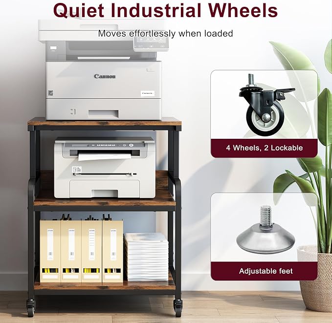 Large Printer Table for Home Office, Printer Stand, 3 Tier Rolling Printer Cart with Storage Shelf, Stand for Heat Press, Scanner, Fax, Organization, Brown
