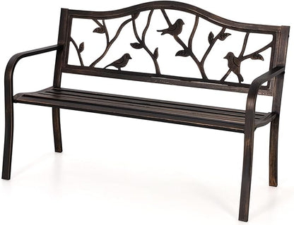 MFSTUDIO 50" Outdoor Garden Bench, Patio Metal Frame Park Bench with Bird Pattern Backrest for Porch, Lawn, Deck(Bronze)