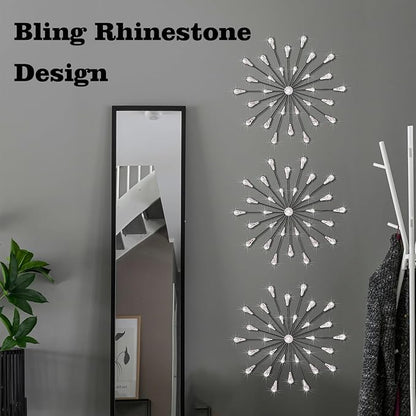 ZEXUIRU 3 Set Black Starburst Wall Art for Home Decor Metal Bling Crystal Rhinestones Sunburst Wall Decor Sparkling Rhinestone Art Accent Black - 18in