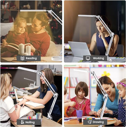LED Desk Lamp with Clamp and Round Base,Eye Caring Table Lamp with Swing Arm,3 Color Modes 10 Brightness Levels,Memory Function,Desk Light for Home Office with USB Adapter White-14W