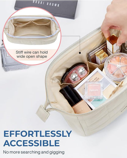 BAGSMART Makeup Bag Travel Toiletry Bag, Wide-open Zipper Pouch, Beige | Puffy Padded, Travel Essentials, Make Up Bag, For Women, Makeup Organizer, Toiletries Accessories Brushes