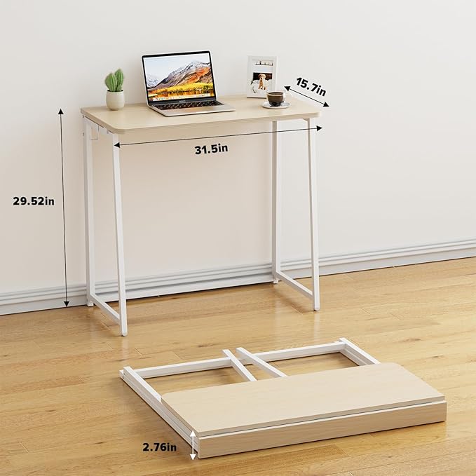 WOHOMO Folding Desk, 31.5" Foldable Computer Table for Small Spaces, Oak | Easy Assembly and Fold, Sturdy Home office desks for Study Bedroom Dorm Space Saving Writing Work Apartment