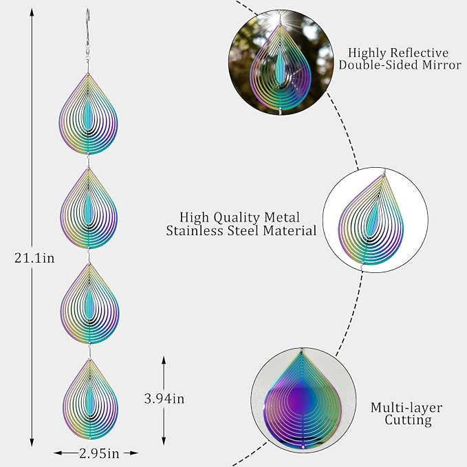 Rainbow Metal Wind Spinners Outdoor Garden Yard Decor, Bird Scare Discs Reflectors to Keep Birds Away, Holographic Reflective Bird Devices Deterrents for Outside Patio Fruit Trees (Water Droplet)