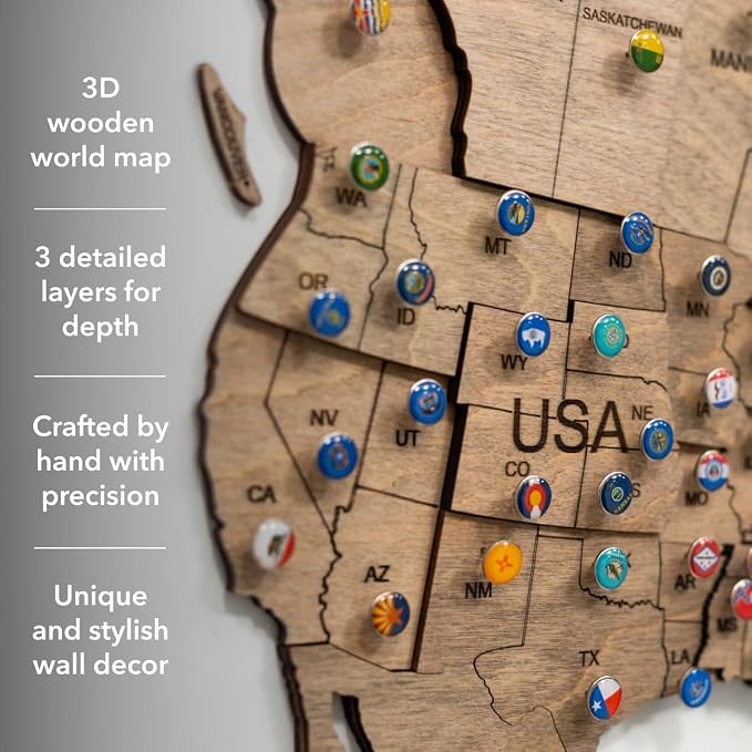 Enjoy The Wood 3D Wooden World Map Wall Art - Large Travel Map with Pins for Art Decor - Decorative Map of the World for Home, Office - Travel Wall Art Housewarming Gift Idea (Terra, XL, Unframed)