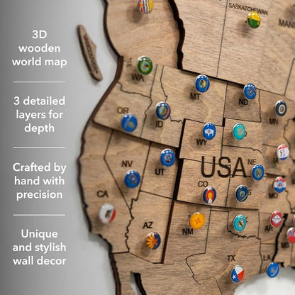 Enjoy The Wood 3D Wooden World Map Wall Art - Large Travel Map with Pins for Art Decor - Decorative Map of the World for Home, Office - Travel Wall Art Housewarming Gift Idea (Terra, XL, Unframed)