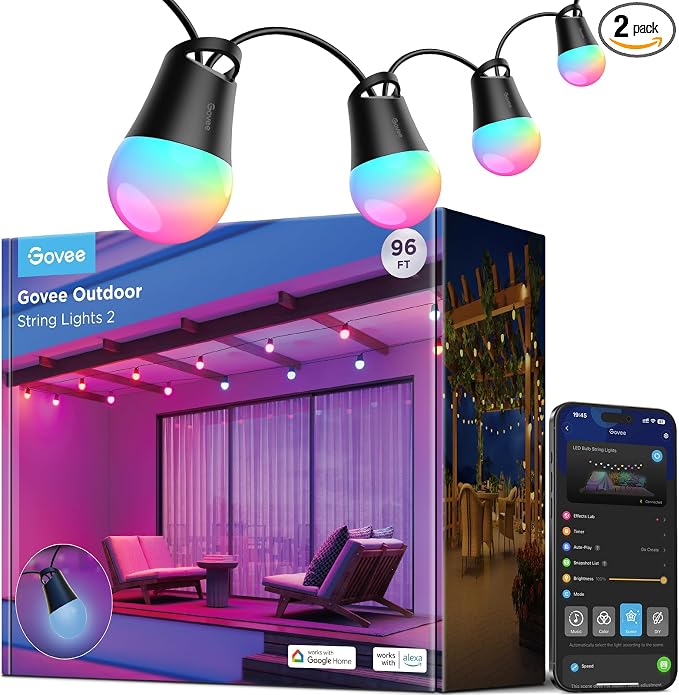 Govee Smart Outdoor String Lights 2, 96ft RGBIC Patio Lights with 30 Bulbs | Dimmable Warm White LED Bulbs, IP65 Waterproof, 47 Scene Modes for Backyard, Balcony, Work with Alexa, App Control