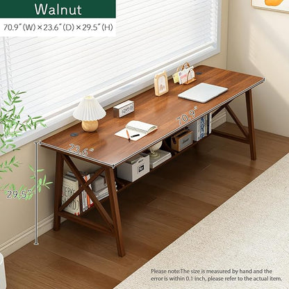 NELYE Extra Long Writing Desk with Bookshelf, 71" Wx24 Dx30 H, Walnut | Wooden Home Office Work Study Table, Computer Gaming Workstation with Storage Shelf, Sturdy MDF Resists Wobble