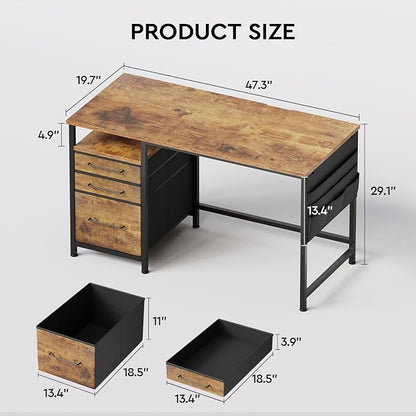 Maihail Small Desk with Drawers, Office Desk with Storage Shelves, Brown2 | 47 Inch Desktop, Metal Frame, 3 Fabric Drawers, Storage Shelves, Computer & Writing Desk, Office Gaming Workstation
