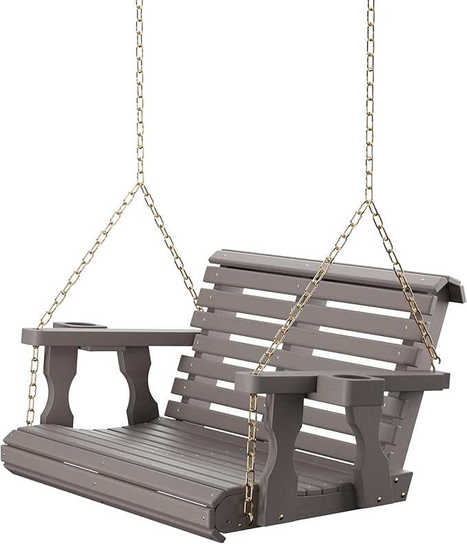 Amish Casual 3 Foot Roll Back Porch Swing with Cup Holders in Semi-Solid Gray Stain - Amish Made in The USA from Treated Pine Heavy Duty 700 Lb. Weight Capacity