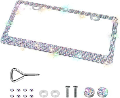 QUANQIUFEI Bling License Plate Frames for Women, Sparkly Rhinestone Diamond Car Accessories with Glitter Crystal Caps (1 Pack Colorful)