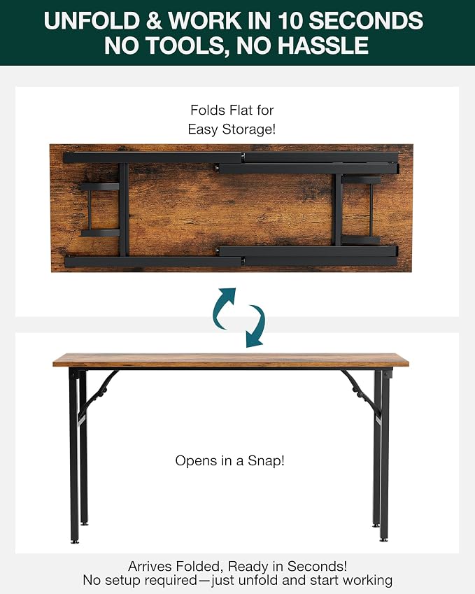 Frylr Small Folding Computer Desk – Portable 55.1 Inch Foldable Laptop Table, Collapsible and Compact for Easy and Fast Setup, Lightweight for Small Spaces, Home Craft and Study Use, Rustic Brown
