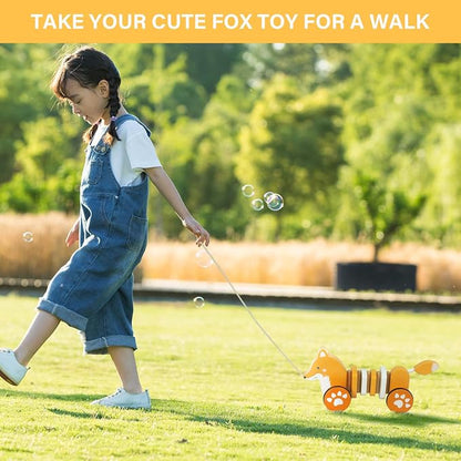 Baby Toys Car,Wooden Pull Along Toddler Toy, Developmental Toy for 1 Year Old Girl Boy Birthday Gift (Fox)