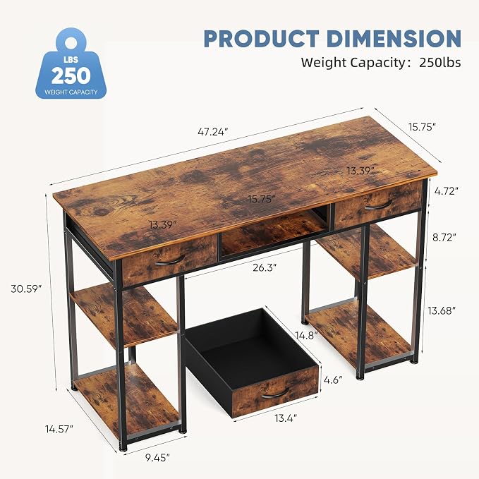 DUMOS 48-Inch Computer Desk with Drawers, Hook and Side Bag, Brown | Home Office Desk for Bedroom, Gaming Writing Study Desk with Adjustable Feet