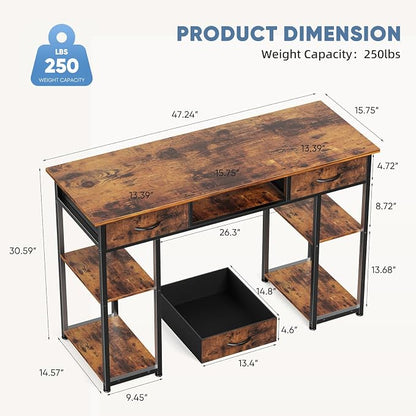 DUMOS 48-Inch Computer Desk with Drawers, Hook and Side Bag, Brown | Home Office Desk for Bedroom, Gaming Writing Study Desk with Adjustable Feet