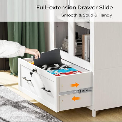 VINGLI Lateral File Cabinet with Glass Doors and Locking Drawer for Hanging File Folders, Bookshelf with Adjustable Shelves for Home Office (White, 30''W x 16''D x 55''H)