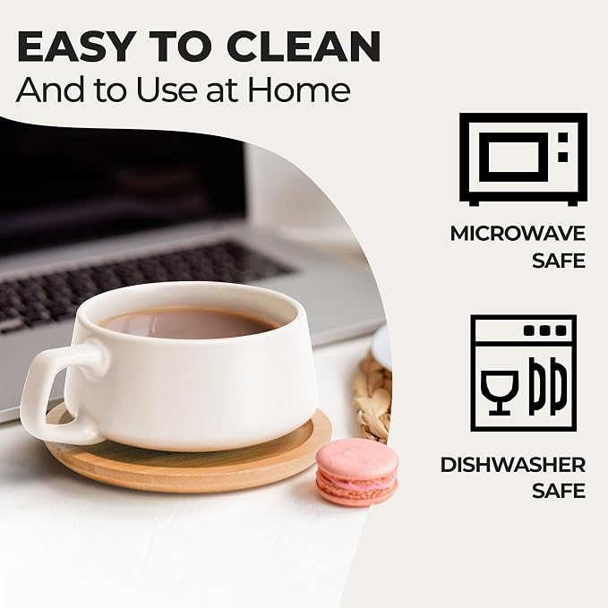 MIAMIO - Cappuccino Cup Set of 4, Ceramic (9.5oz) - Luxe (Classic Pastel) | Ceramic cappuccino cups and saucers, wide latte cups and mugs for Americano, 4-piece set of ceramic cups, dishwasher safe
