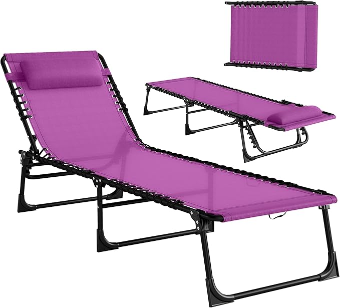 Outsunny Folding Chaise Lounge Chair, Patio Sun Tanning Chair, Outdoor Chaise Lounger with 4-Position Reclining Back, Breathable Mesh Seat for Beach, Poolside, Yard, Purple