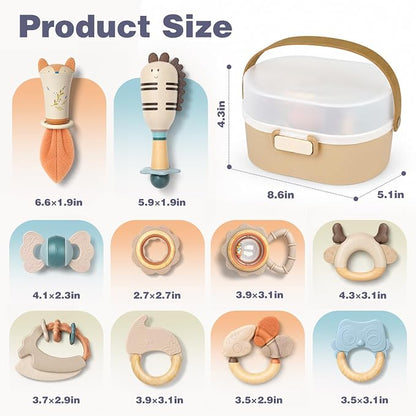 Joyreal Baby Rattles & Teething Toys Set, Baby Toys 0-6 Months, 10-Pack | Easy to Clean & Sterilize, Food-Grade Silicone, Neutral, Sensory Development, Textured Surface, Storage Box, Baby Shower Gift