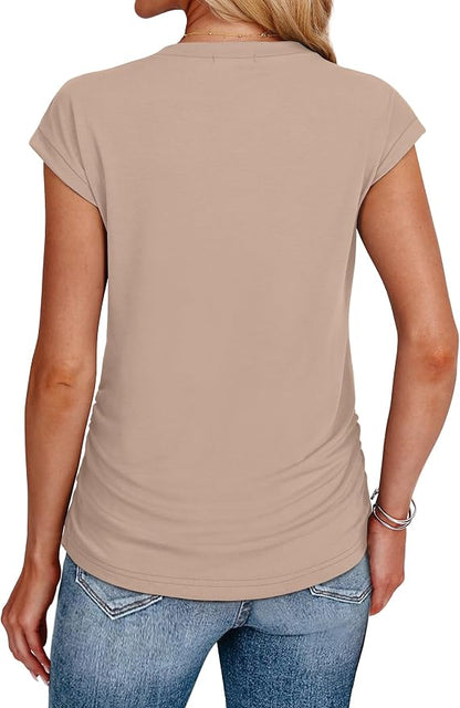 Sampeel Womens Summer Tops Trendy 2026 Ruched Cap Short Sleeve Tshirts Shirts Crew Neck T Shirts Fashion