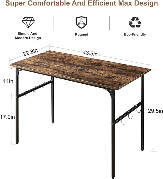 VECELO 44 Inch Computer Stable Writing Study Work 6 Hooks Adjustable Feet Wooden Desk for Home,Bedroom,Rusic Brown, 44Inches