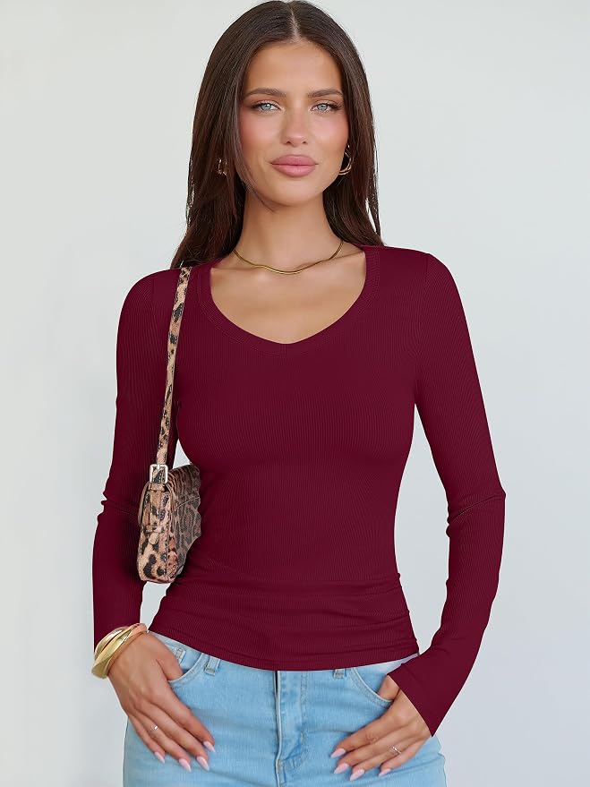 ANRABESS Long Sleeve V Neck Shirts for Women | Soft Comfy Ribbed Knit Fitted Tshirts, Casual Going Out Tops, 2026 Trendy Basic, Fall Winter Underscrub Layering Clothes