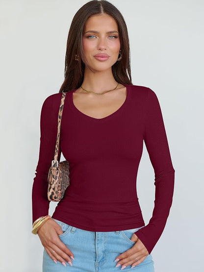 ANRABESS Long Sleeve V Neck Shirts for Women | Soft Comfy Ribbed Knit Fitted Tshirts, Casual Going Out Tops, 2026 Trendy Basic, Fall Winter Underscrub Layering Clothes