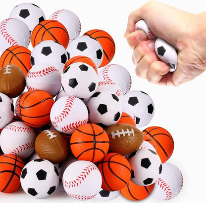 WELLVO Sports Party Favors 24 Pack 1.6 inch Sports Stress Relief Toys Goodie Bags Stuffers Mini Foam Fidget Toys for Stress Anxiety Relief Classroom Prizes Kids Return Gifts Birthday Party Favors
