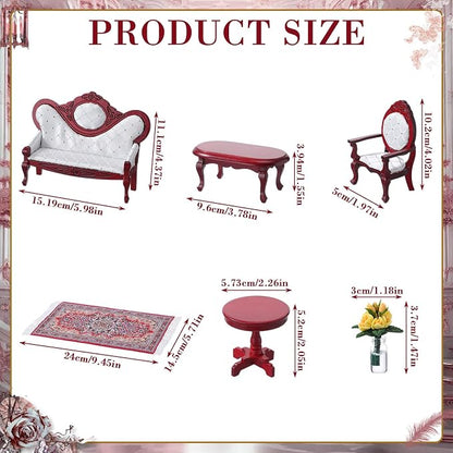 Skylety 7 Pcs Victorian Dollhouse Furniture Set 1: 12 Scale Wooden Mini House Living Room Furniture and Accessories, Sofa Table Chairs Vase for Adults Toys Gift Retro Miniature Doll House Accessories
