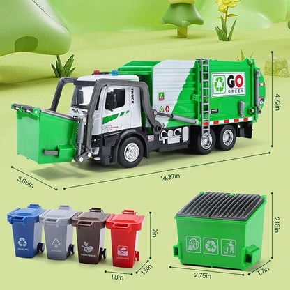 HOLYFUN 12'' Electric Garbage Truck Set with Front Loader/Metal Cab, Friction-Powered Recycling Vehicle with Dumpster, 4 Trash Bins & Sorting Cards, Trash Truck Toy with Lights/Sounds for Kids