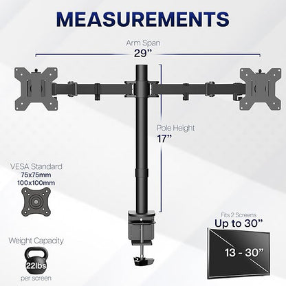 VIVO Dual Monitor Desk Mount, Holds 2 Computer Screens up to 30 inches and 22lbs Each, Heavy Duty Fully Adjustable Steel Stand with C-Clamp and Grommet, Black, STAND-V002 | Black, Articulating, Adjustable Monitor Arm, Grommet or C-Clamp Mounting, Compu...
