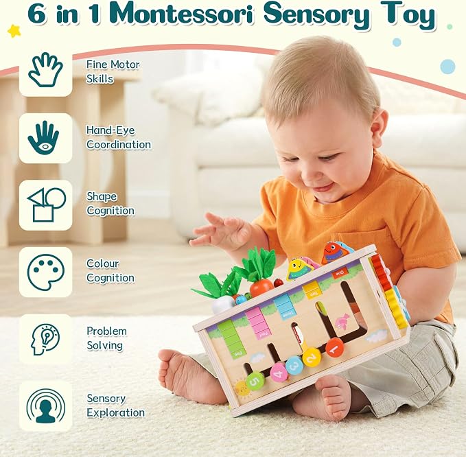Ancaixin 6-in-1 Montessori Tissue Box Toy for 6+ Months Baby, Wooden Activity Cube, Puzzles 12-18 Months, Perfect 1 Year Old Girl Boy Gifts, Sensory Toys for Toddlers 1-3, Baby 1st Birthday Gift