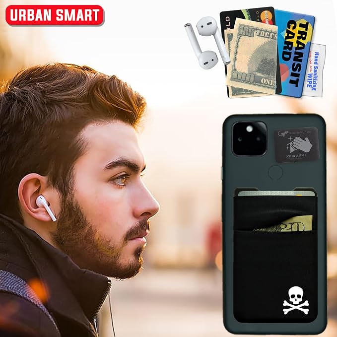 Gecko Travel Tech Double Pocket - Adhesive Card Holder - Cell Phone Pouch - Stick on Spandex Pocket - Carry Credit Cards and Cash - Skull