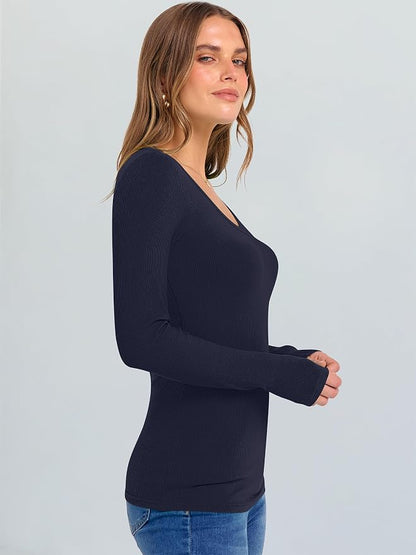 ANRABESS Long Sleeve V Neck Shirts for Women | Soft Comfy Ribbed Knit Fitted Tshirts, Casual Going Out Tops, 2026 Trendy Basic, Fall Winter Underscrub Layering Clothes