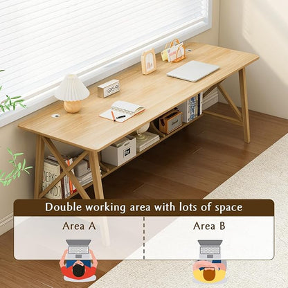 NELYE Extra Long Writing Desk with Bookshelf, 63" Wx24 Dx30 H, Oak | Wooden Home Office Work Study Table, Computer Gaming Workstation with Storage Shelf, Sturdy MDF Resists Wobble