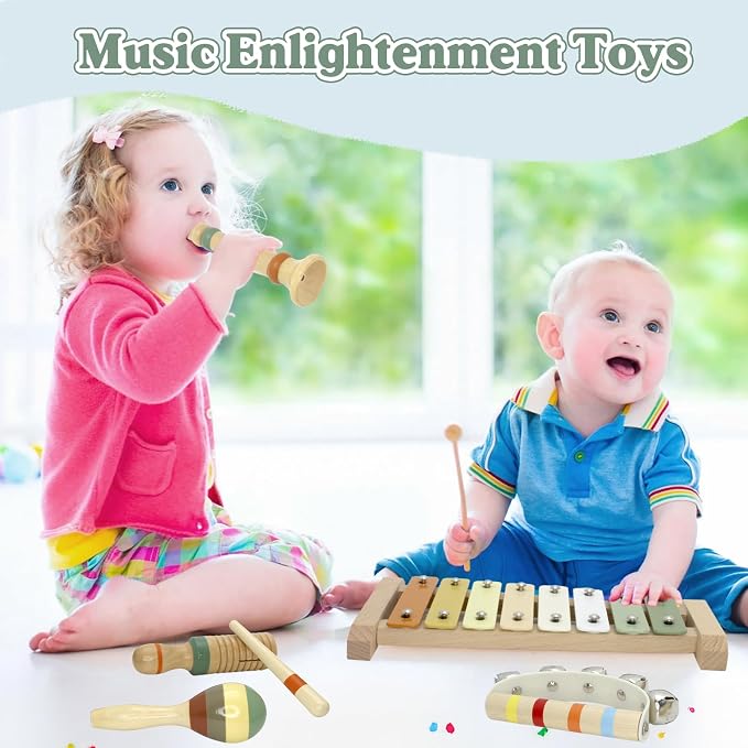 Baby Musical Instruments Montessori Wooden Toys for Toddlers, Neutral Colors Percussion Instruments Set, Modern Boho Xylophone Tambourin